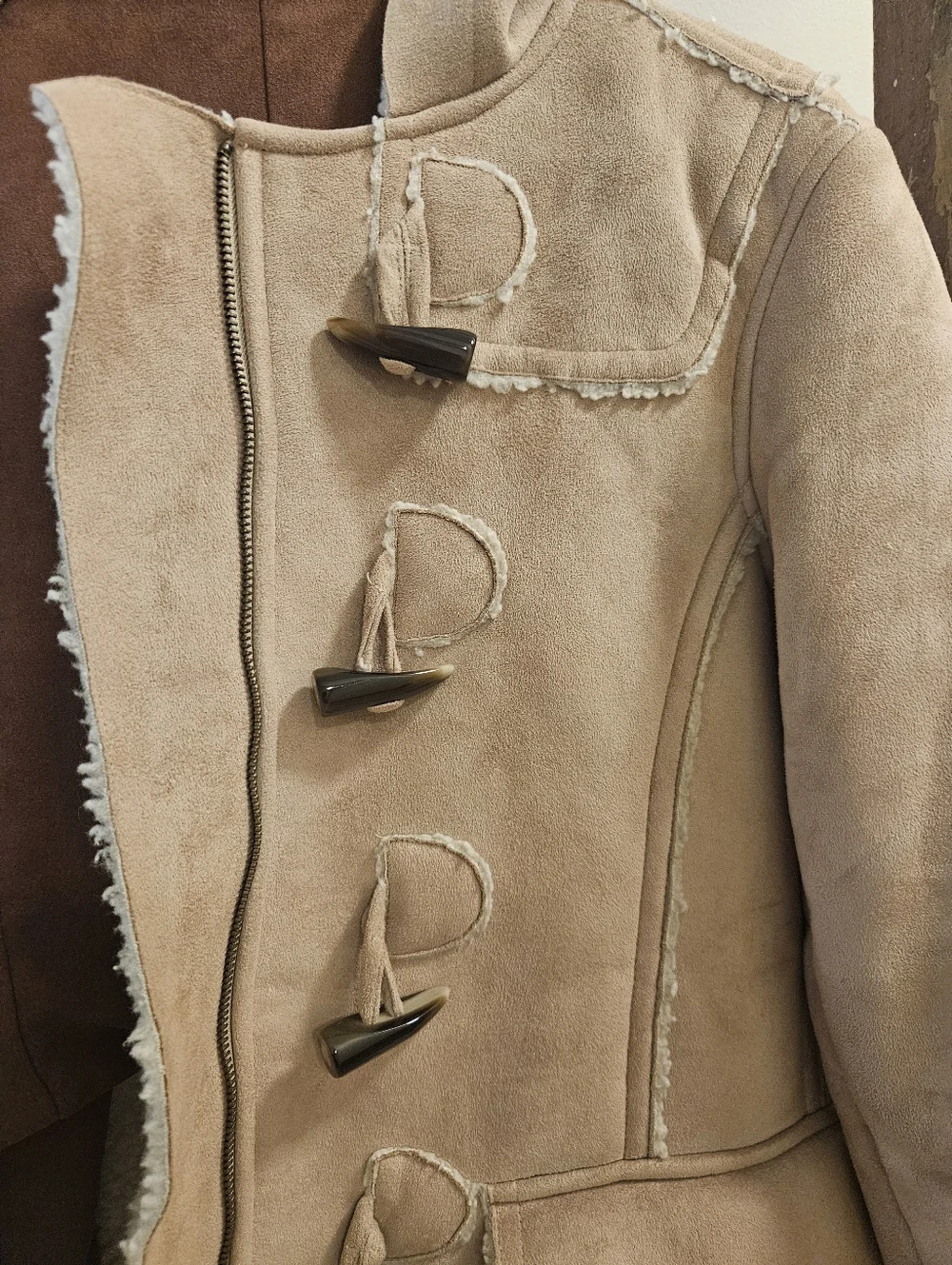 GAP Tan Shearling-Trim Toggle Trench Coat - Picture 2 of 6